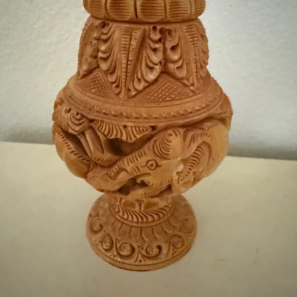 Wooden Flower Vase with Animal Carved vintage - Picture 2 of 5